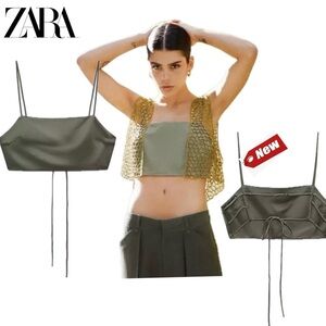 Zara khaki olive green linen blend boho festival open back strappy crop top NWT